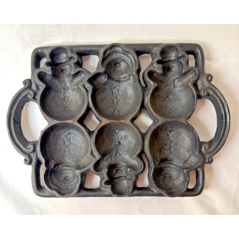 Vtg Black Cast Iron 6 Snowman Holiday Muffin Cornbread Pan 2 Loop Handles
